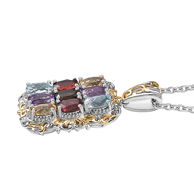 EverTrue Multi Gemstone 4.25 ctw Pendant in 18K YG Plated and Platinum Bond with Stainless Steel Necklace 20 Inches