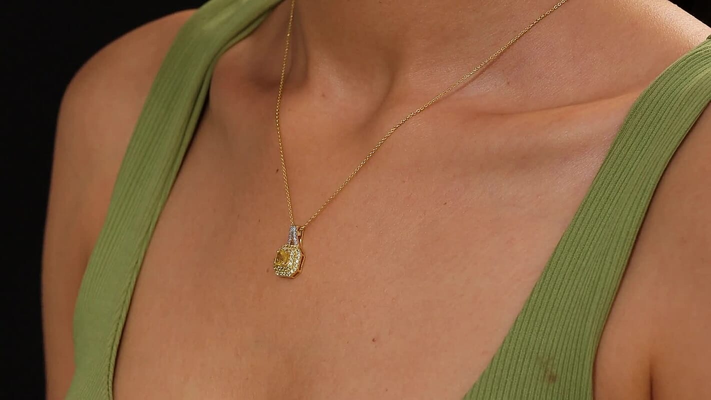 D'Joy Asscher Cut Madagascar Yellow Sapphire and Moissanite 1.50 ctw Art Deco Pendant Necklace in 18K Vermeil Yellow Gold Over Sterling Silver 20 Inches