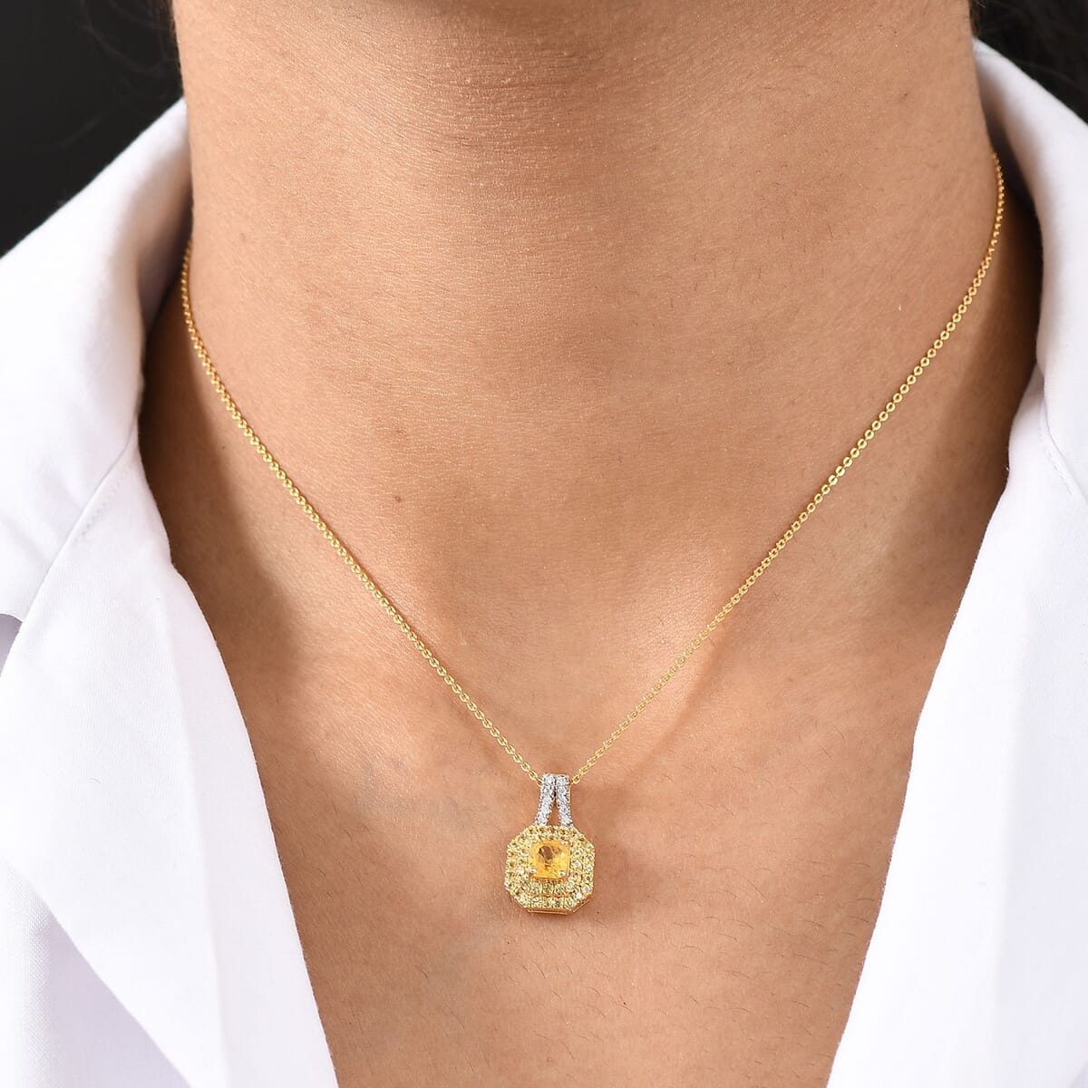 D'Joy Asscher Cut Madagascar Yellow Sapphire and Moissanite 1.50 ctw Art Deco Pendant Necklace in 18K Vermeil Yellow Gold Over Sterling Silver 20 Inches image number 2
