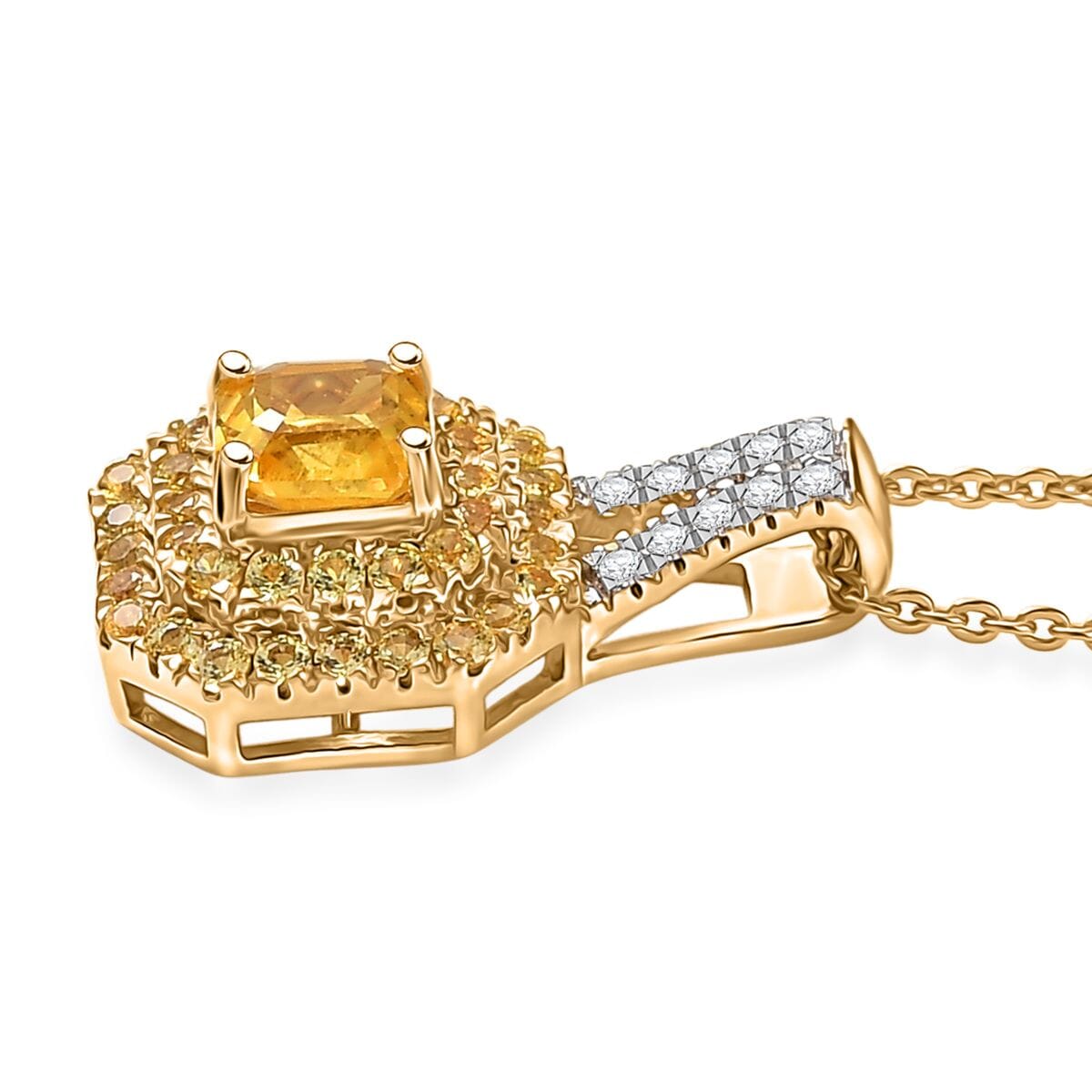 D'Joy Asscher Cut Madagascar Yellow Sapphire and Moissanite 1.50 ctw Art Deco Pendant Necklace in 18K Vermeil Yellow Gold Over Sterling Silver 20 Inches image number 3