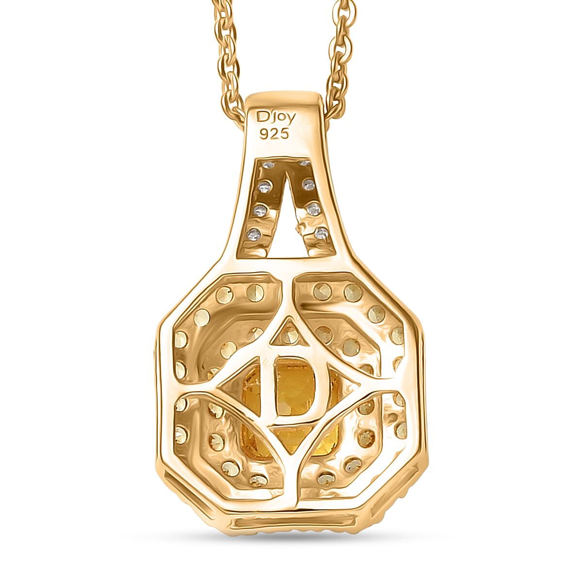 D'Joy Asscher Cut Madagascar Yellow Sapphire and Moissanite 1.50 ctw Art Deco Pendant Necklace in 18K Vermeil Yellow Gold Over Sterling Silver 20 Inches