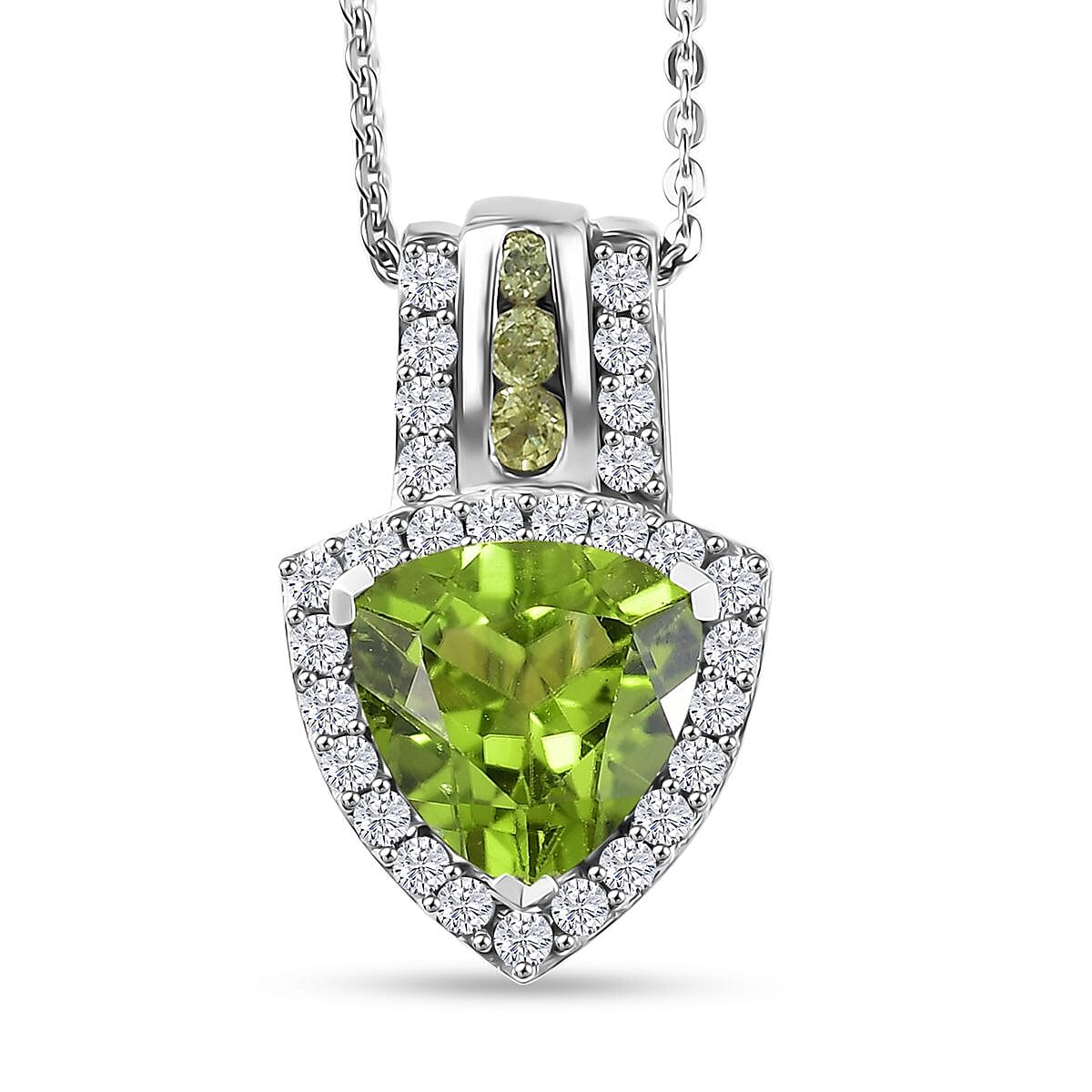 D'Joy Hebei Peridot and White Zircon 3.40 ctw Green Crest Pendant Necklace in Rhodium Over Sterling Silver 20 Inches image number 0