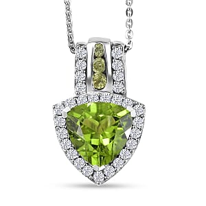 D'Joy Hebei Peridot and White Zircon 3.40 ctw Green Crest Pendant Necklace in Rhodium Over Sterling Silver 20 Inches