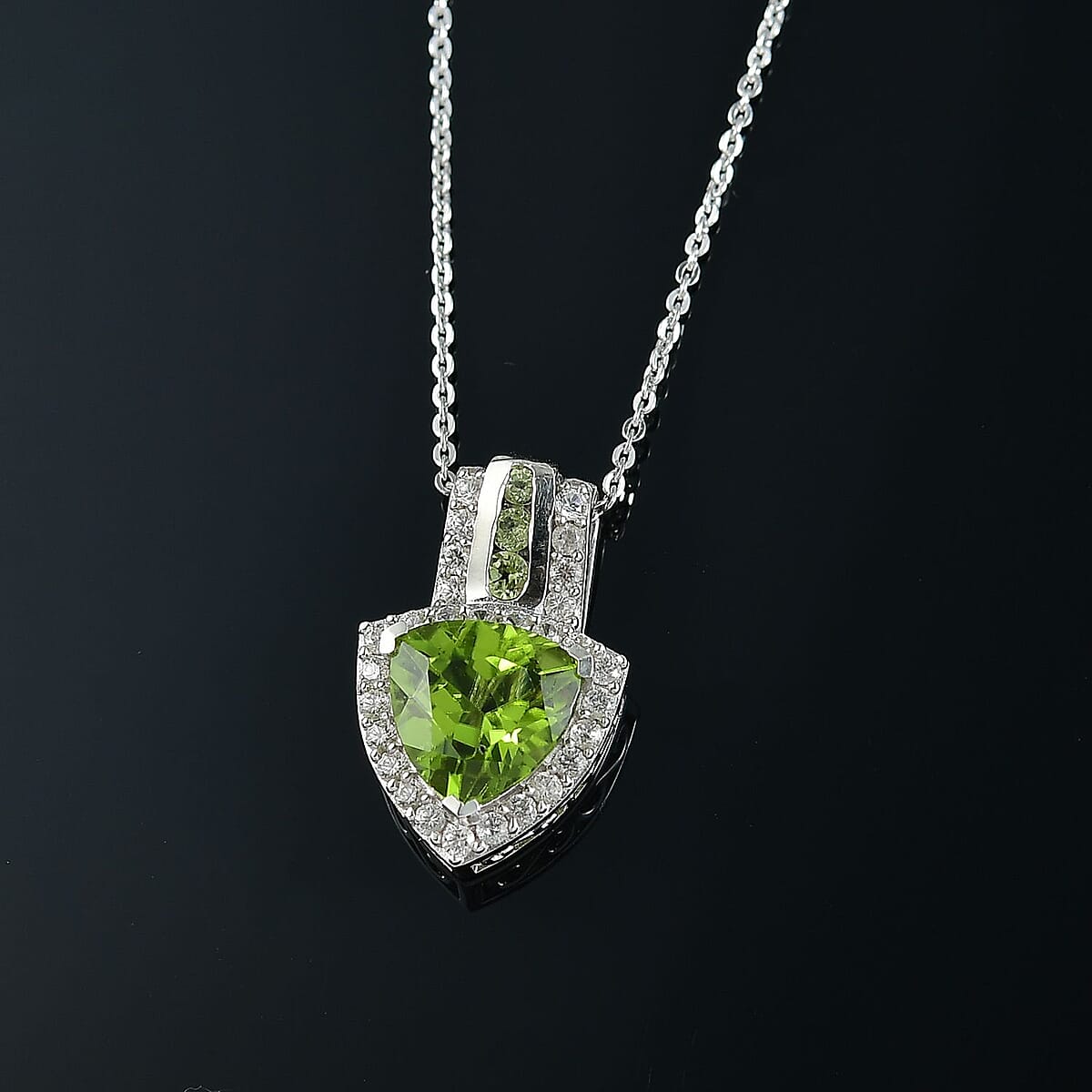 D'Joy Hebei Peridot and White Zircon 3.40 ctw Green Crest Pendant Necklace in Rhodium Over Sterling Silver 20 Inches image number 1