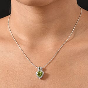 D'Joy Hebei Peridot and White Zircon 3.40 ctw Green Crest Pendant Necklace in Rhodium Over Sterling Silver 20 Inches