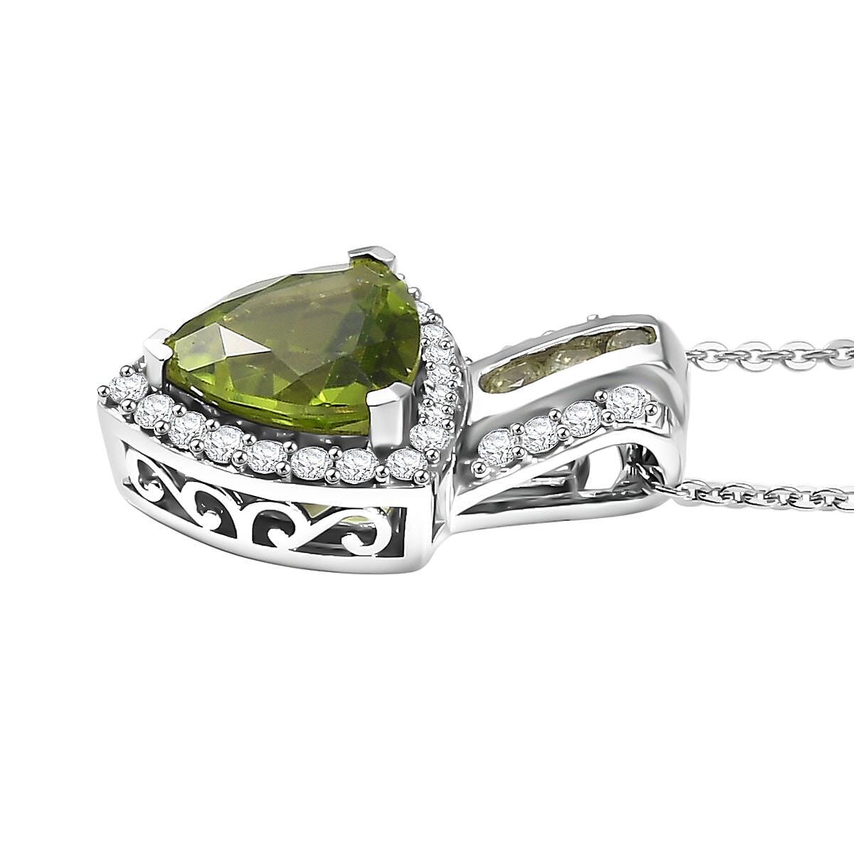 D'Joy Hebei Peridot and White Zircon 3.40 ctw Green Crest Pendant Necklace in Rhodium Over Sterling Silver 20 Inches image number 3