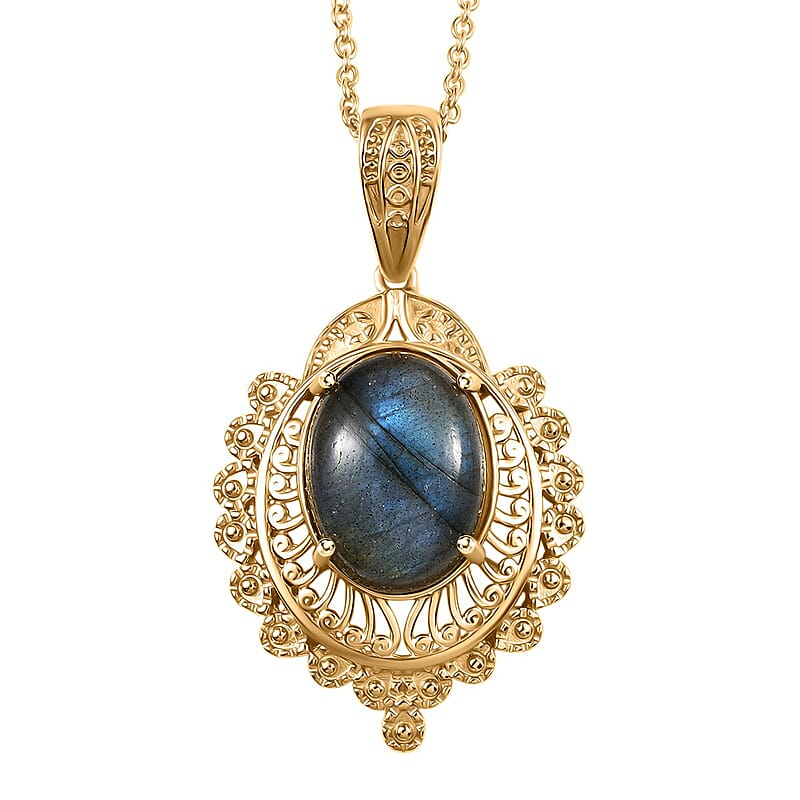EverTrue Malagasy Labradorite 10.25 ctw Pendant in 18K YG Plated with ION Plated Yellow Gold Stainless Steel Necklace 20 Inches