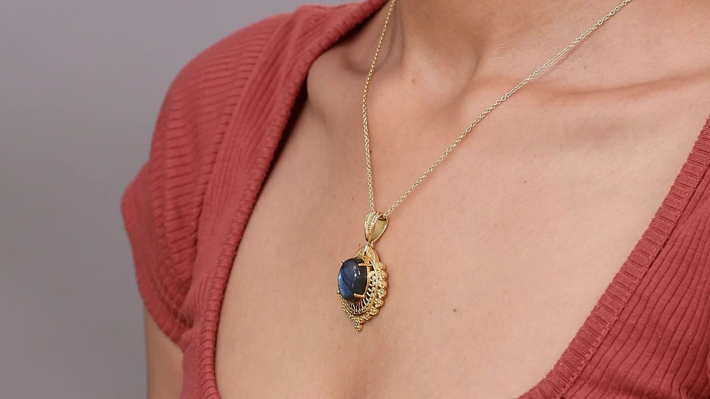 EverTrue Malagasy Labradorite 10.25 ctw Pendant in 18K YG Plated with Stainless Steel Necklace 20 Inches