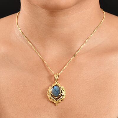EverTrue Malagasy Labradorite 10.25 ctw Pendant in 18K YG Plated with ION Plated Yellow Gold Stainless Steel Necklace 20 Inches