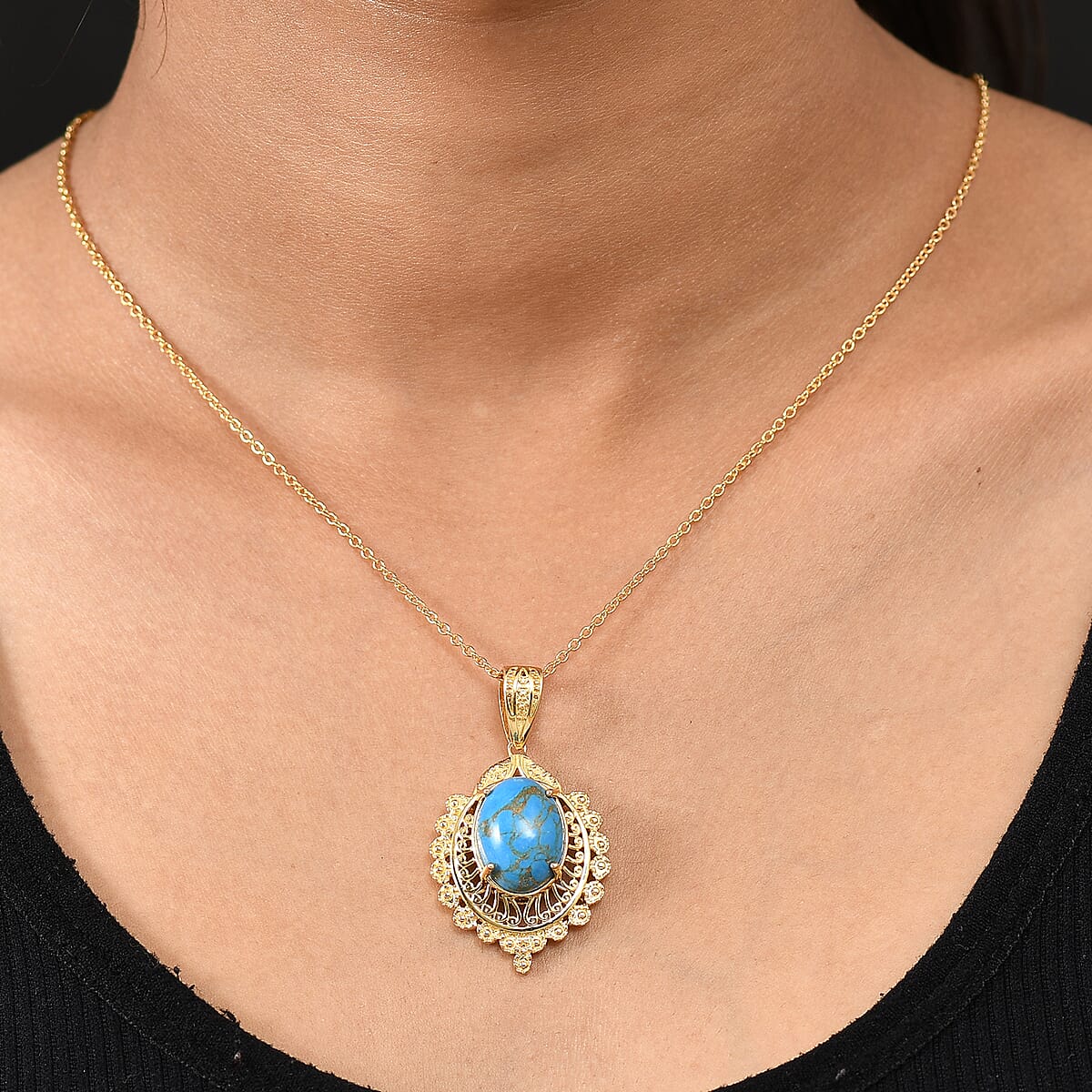 EverTrue Mojave Blue Turquoise 7.30 ctw Pendant in 18K YG Plated with Stainless Steel Necklace 20 Inches image number 2