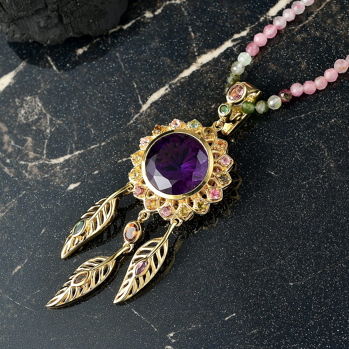 D'Joy African Amethyst and Multi-Tourmaline 43.20 ctw Pendant Necklace in 18K Vermeil Yellow Gold Over Sterling Silver 18 Inches  image number 1