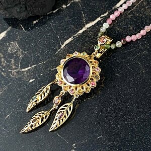 D'Joy African Amethyst, Multi-Tourmaline Pendant 43.20 ctw Necklace (18 Inches) in 18K Vermeil YG Over Sterling Silver