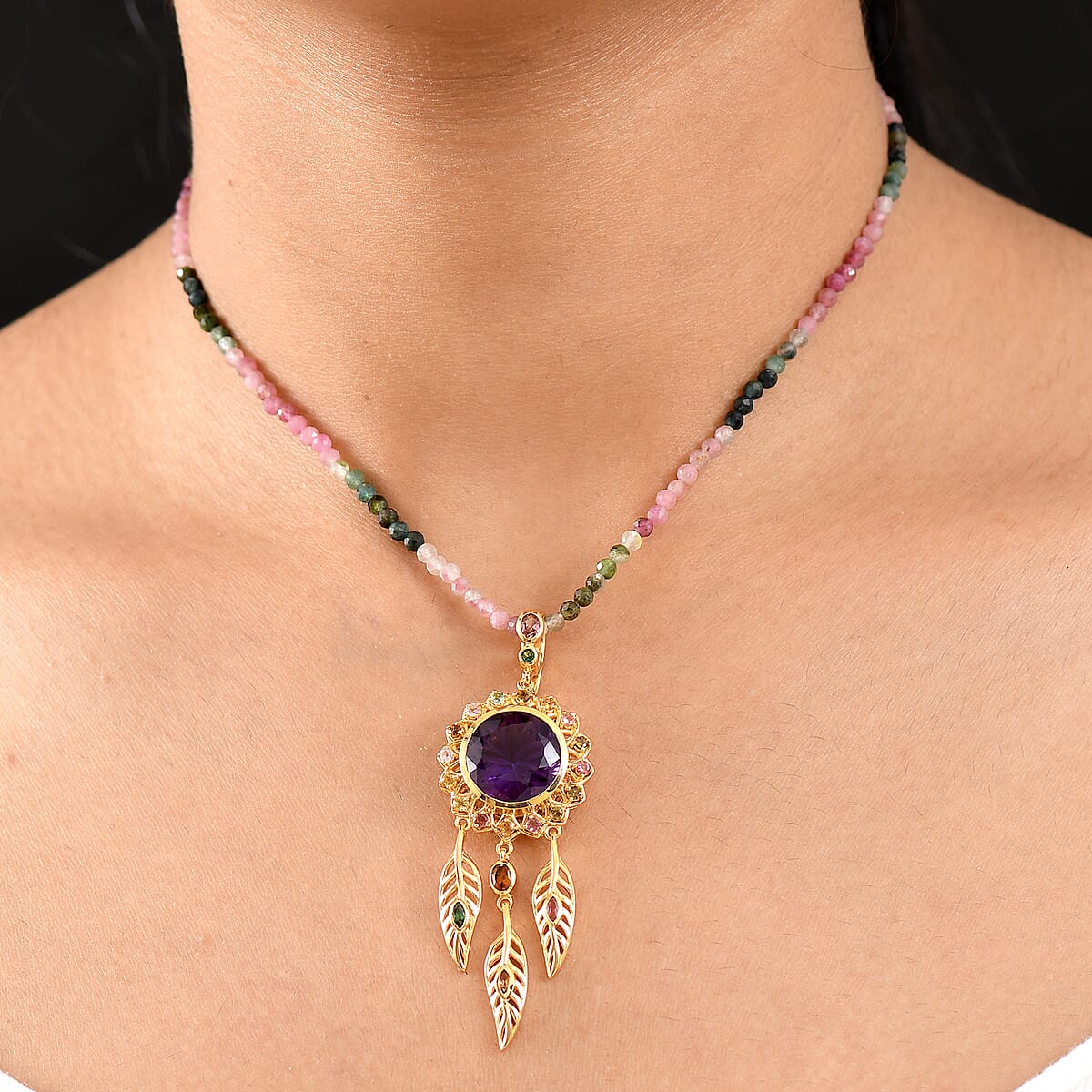 D'Joy African Amethyst and Multi-Tourmaline 43.20 ctw Pendant Necklace in 18K Vermeil Yellow Gold Over Sterling Silver 18 Inches  image number 2