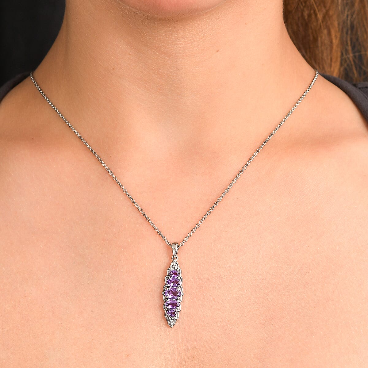EverTrue African Amethyst 1.90 ctw Pendant Necklace 20 Inches in Stainless Steel image number 2