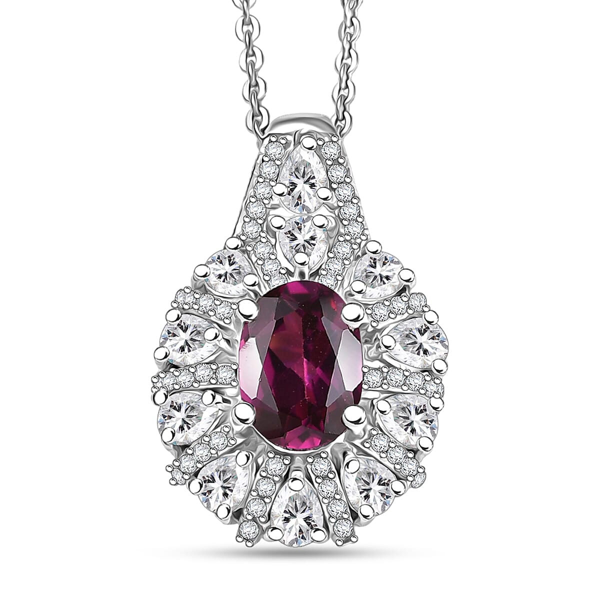 D'Joy AAA Radiant Ember Garnet and White Zircon 2.10 ctw Crown of Lights Pendant Necklace in Rhodium Over Sterling Silver 20 Inches 