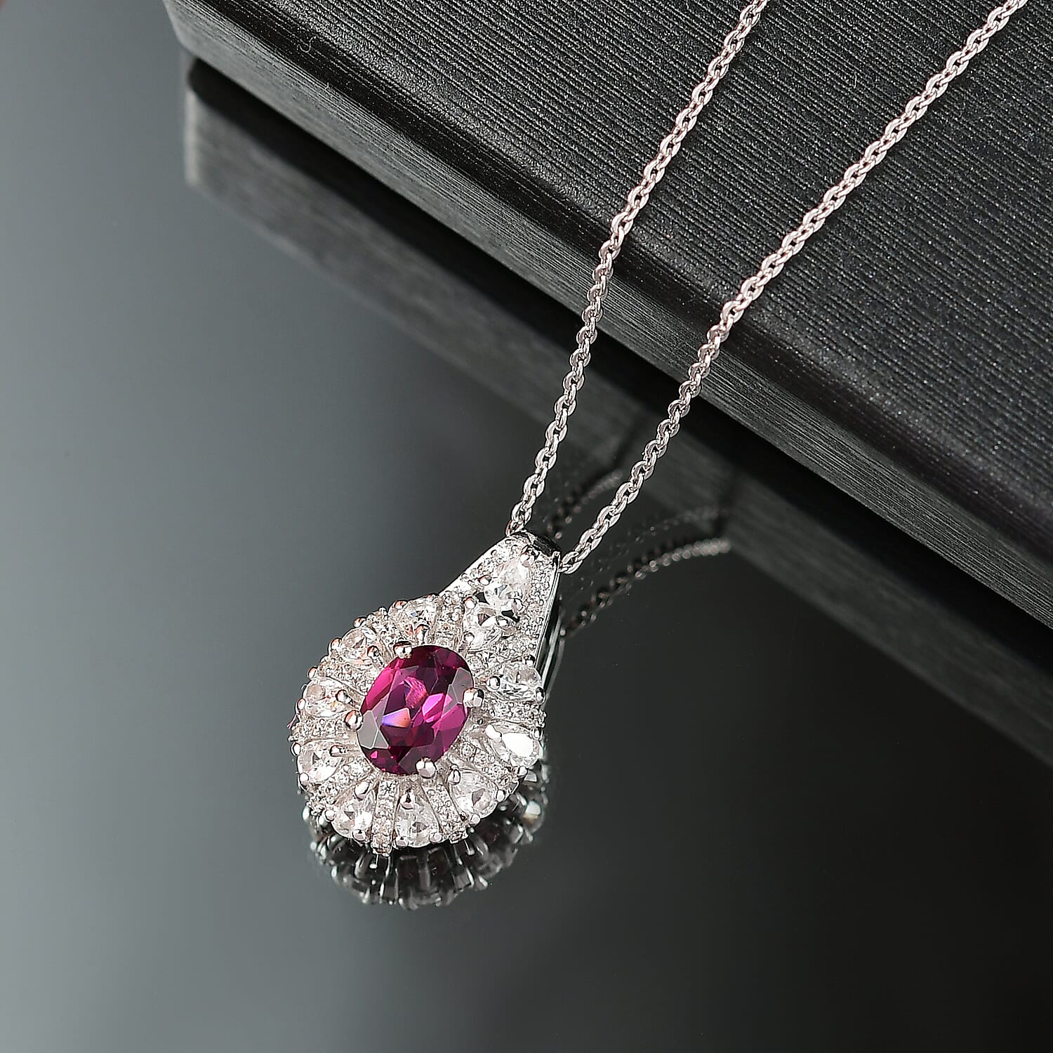 D'Joy AAA Radiant Ember Garnet and White Zircon 2.10 ctw Crown of Lights Pendant Necklace in Rhodium Over Sterling Silver 20 Inches 
