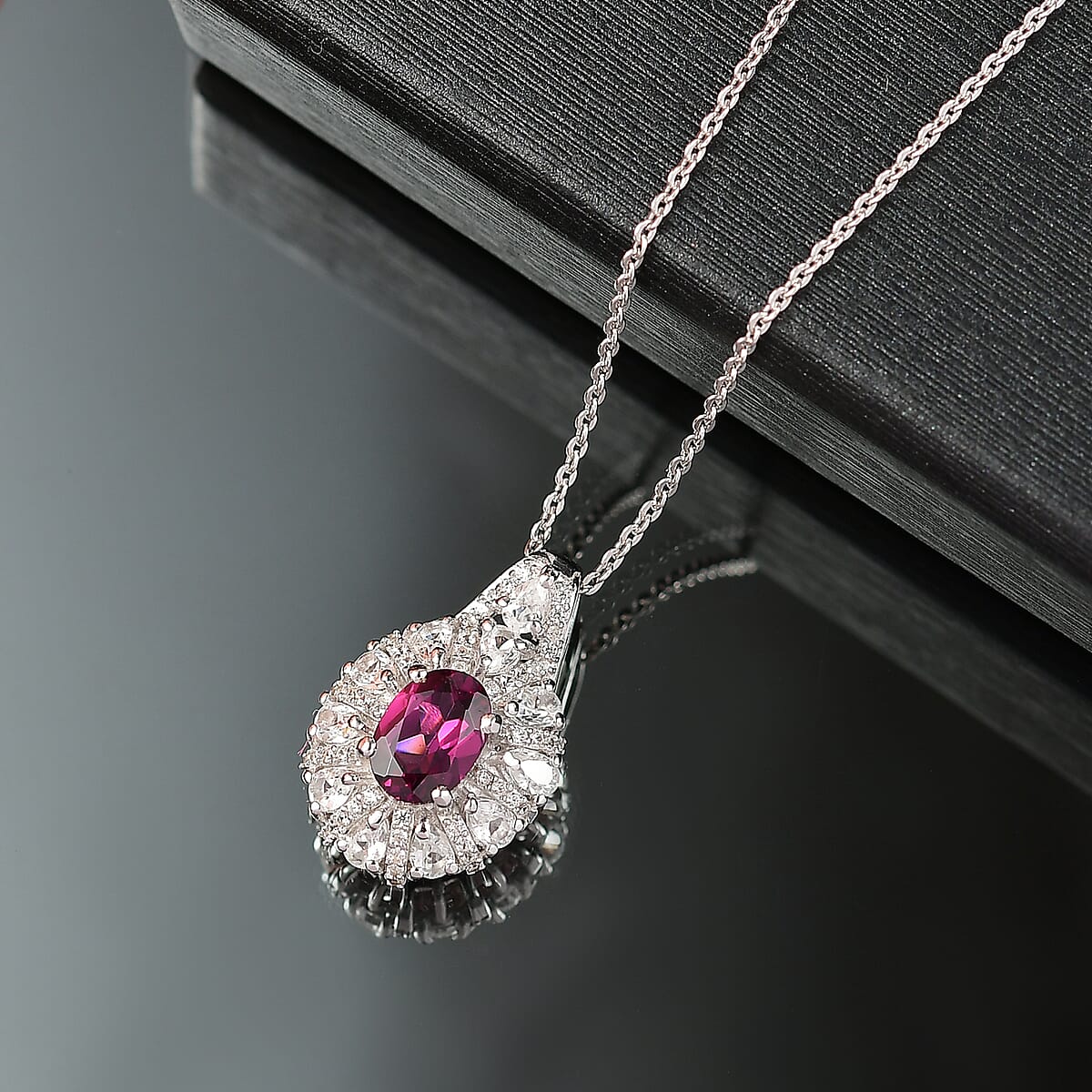 D'Joy AAA Radiant Ember Garnet and White Zircon 2.10 ctw Crown of Lights Pendant Necklace in Rhodium Over Sterling Silver 20 Inches  image number 1