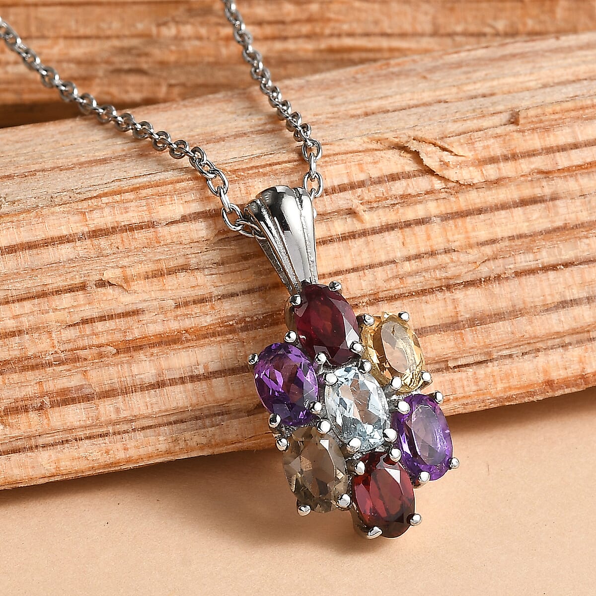 EverTrue Multi Gemstone 3.80 ctw Pendant Necklace in Stainless Steel 20 Inches image number 1