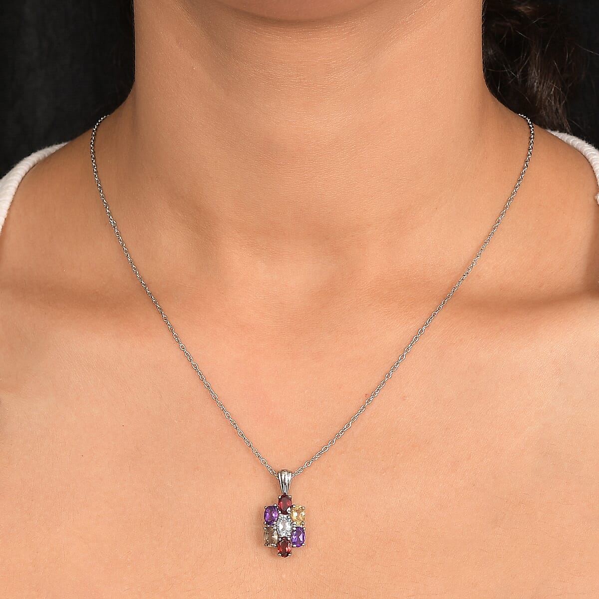 EverTrue Multi Gemstone 3.80 ctw Pendant Necklace in Stainless Steel 20 Inches image number 2
