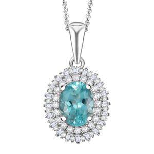 D'Joy Lagoon Apatite, Diamond 1.55 ctw Arctic Bloom Pendant Necklace 20 Inches in Rhodium Over Sterling Silver 