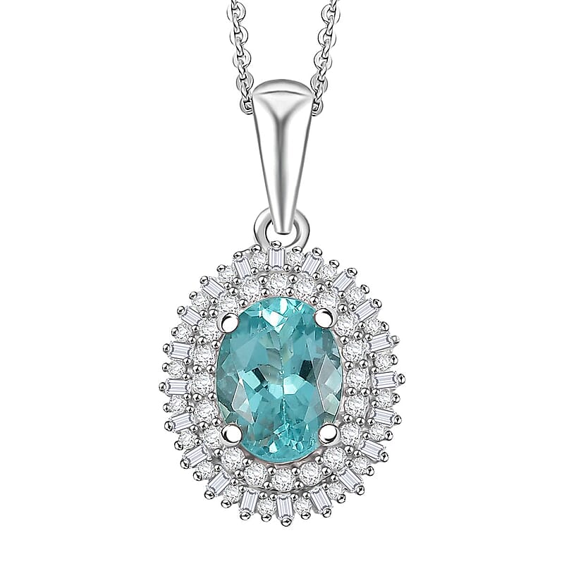 D'Joy Lagoon Apatite, Diamond 1.55 ctw Arctic Bloom Pendant Necklace 20 Inches in Rhodium Over Sterling Silver 