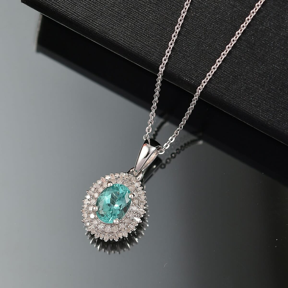 D'Joy Lagoon Apatite, Diamond 1.55 ctw Arctic Bloom Pendant Necklace 20 Inches in Rhodium Over Sterling Silver  image number 1
