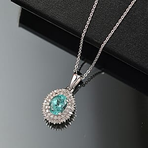 D'Joy Lagoon Apatite, Diamond 1.55 ctw Arctic Bloom Pendant Necklace 20 Inches in Rhodium Over Sterling Silver 