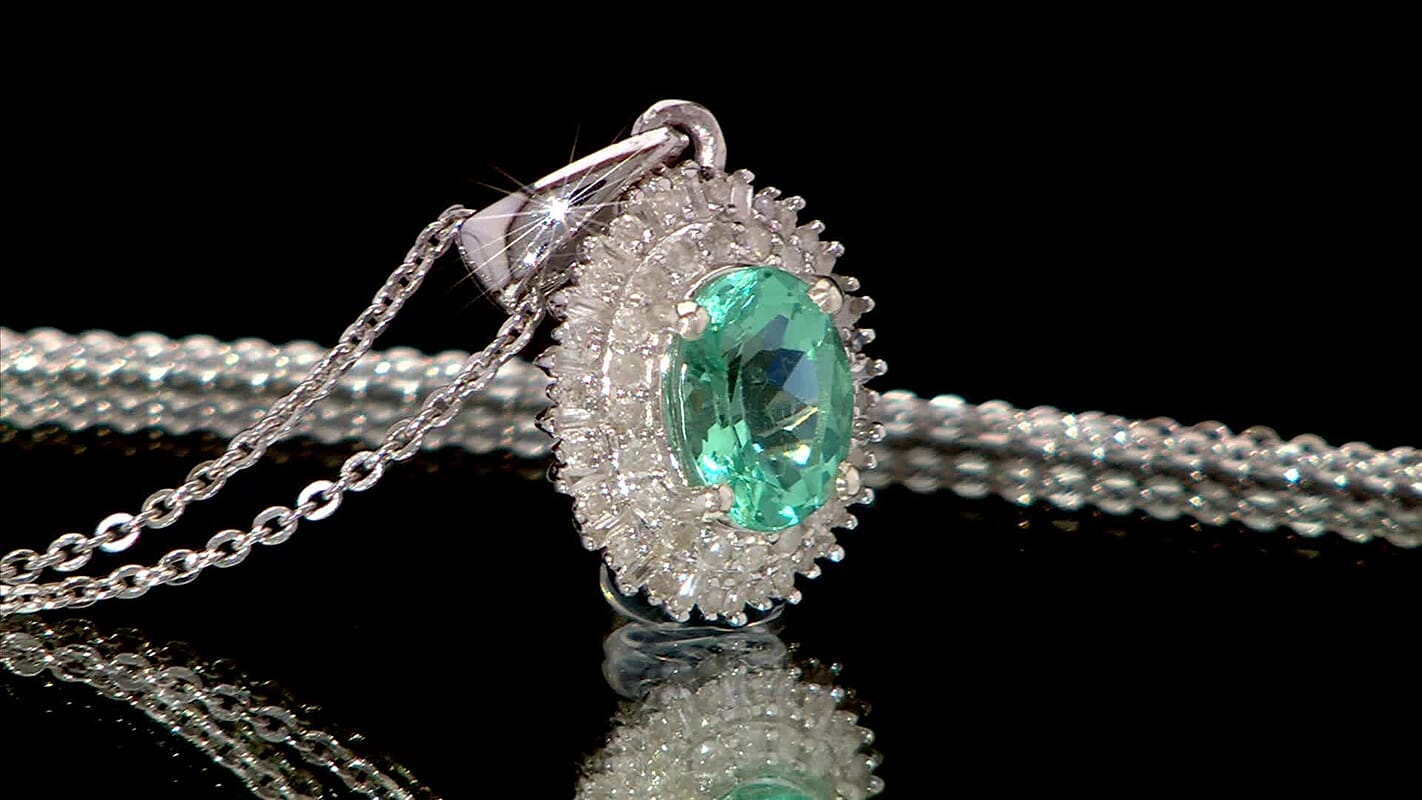 D'Joy Lagoon Apatite, Diamond 1.55 ctw Arctic Bloom Pendant Necklace 20 Inches in Rhodium Over Sterling Silver