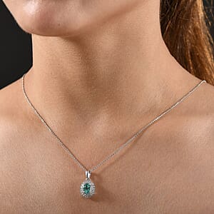 D'Joy Lagoon Apatite, Diamond 1.55 ctw Arctic Bloom Pendant Necklace 20 Inches in Rhodium Over Sterling Silver 