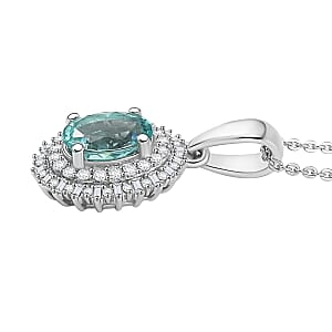 D'Joy Lagoon Apatite, Diamond 1.55 ctw Arctic Bloom Pendant Necklace 20 Inches in Rhodium Over Sterling Silver 