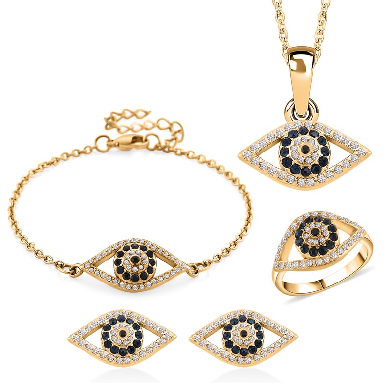 Multi Color Austrian Crystal Evil Eye Earrings, Ring (Size 6.0), Bracelet (7.5-9.5In) and Pendant Necklace (20-22Inches) in ION Plated YG Stainless Steel