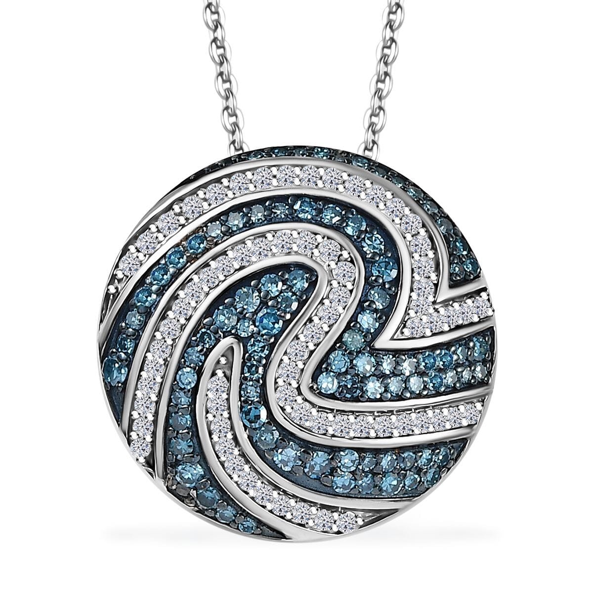 Luxuriant Lab Grown Blue and White Diamond SI 1.00 ctw Sea Wave Pendant Necklace in Rhodium Over Sterling Silver 20 Inches image number 0