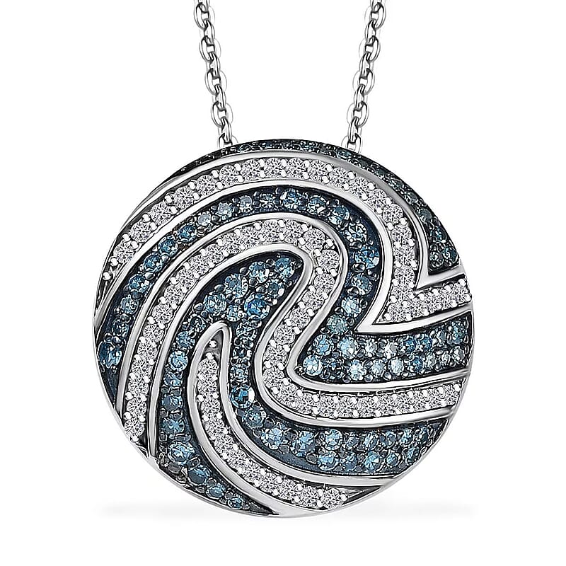 Luxuriant Lab Grown Blue Diamond (IR) SI and Lab Grown Diamond SI 1.00 ctw Sea Wave Pendant Necklace in Rhodium Over Sterling Silver 20 Inches