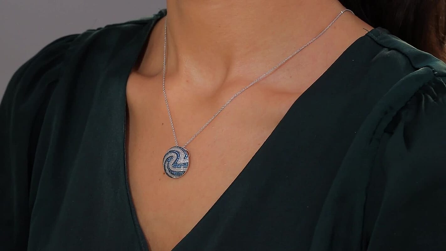 Luxuriant Lab Grown Blue Diamond (IR) SI and Lab Grown Diamond SI 1.00 ctw Sea Wave Pendant Necklace in Rhodium Over Sterling Silver 20 Inches
