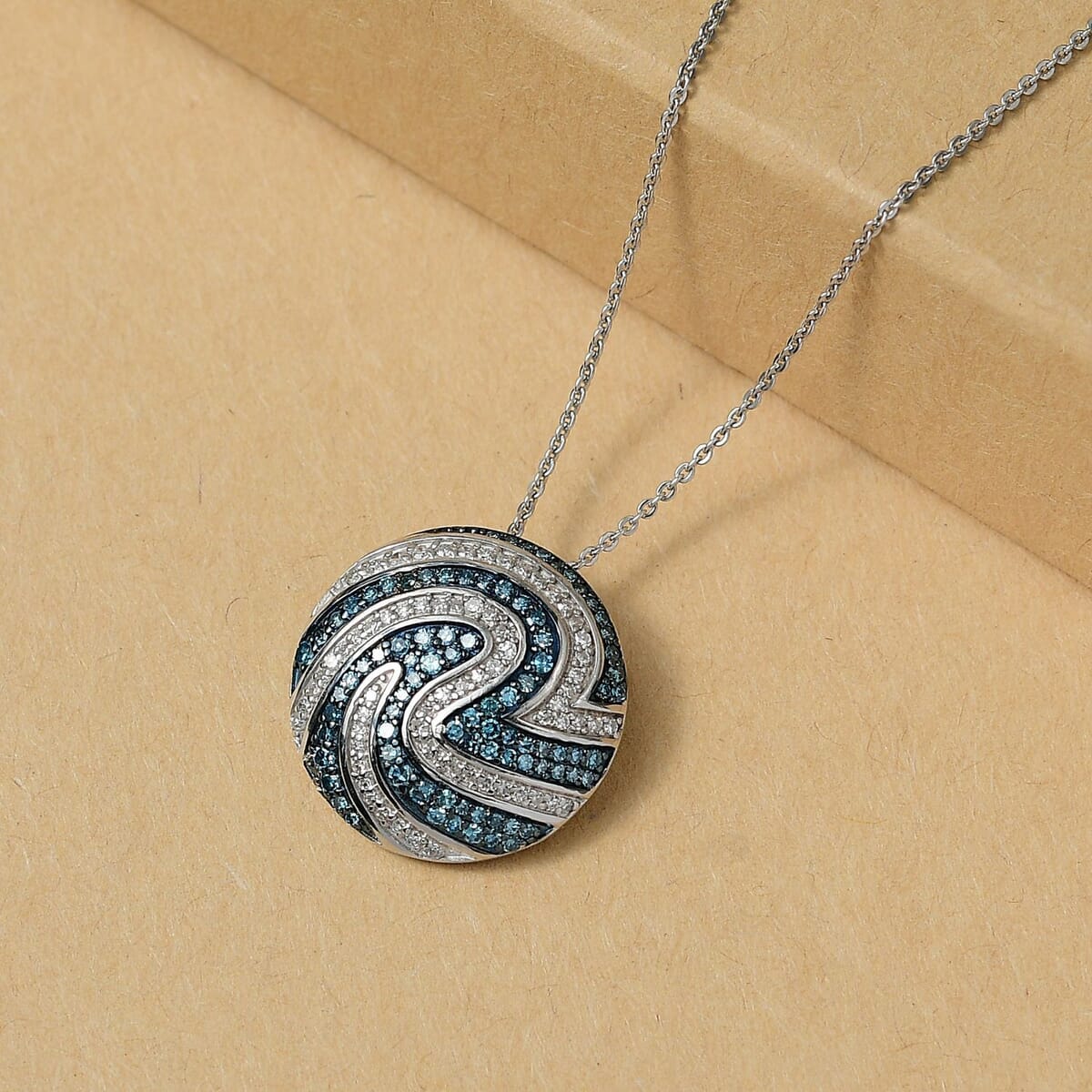 Luxuriant Lab Grown Blue and White Diamond SI 1.00 ctw Sea Wave Pendant Necklace in Rhodium Over Sterling Silver 20 Inches image number 1