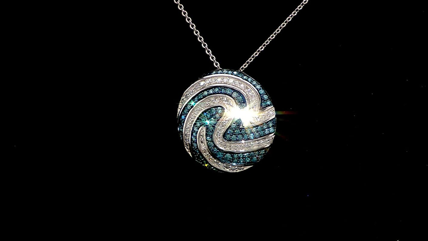 Luxuriant Lab Grown Blue Diamond (IR) SI and Lab Grown Diamond SI 1.00 ctw Sea Wave Pendant Necklace in Rhodium Over Sterling Silver 20 Inches