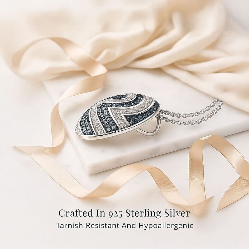 Luxuriant Lab Grown Blue Diamond (IR) SI and Lab Grown Diamond SI 1.00 ctw Sea Wave Pendant Necklace in Rhodium Over Sterling Silver 20 Inches