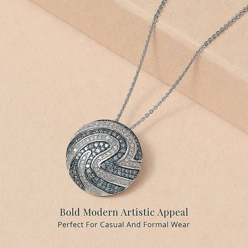 Luxuriant Lab Grown Blue Diamond (IR) SI and Lab Grown Diamond SI 1.00 ctw Sea Wave Pendant Necklace in Rhodium Over Sterling Silver 20 Inches