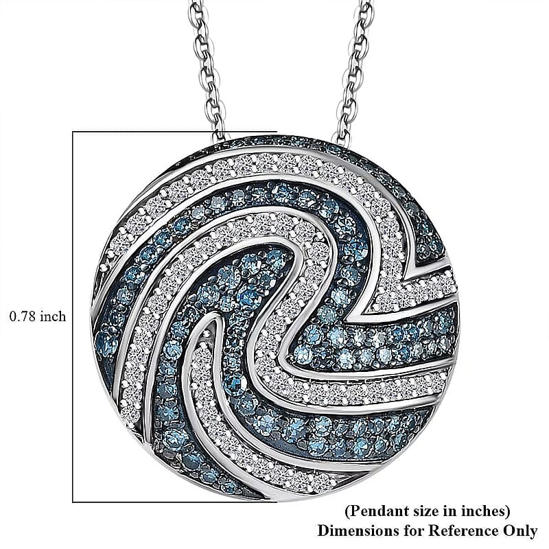 Luxuriant Lab Grown Blue Diamond (IR) SI and Lab Grown Diamond SI 1.00 ctw Sea Wave Pendant Necklace in Rhodium Over Sterling Silver 20 Inches