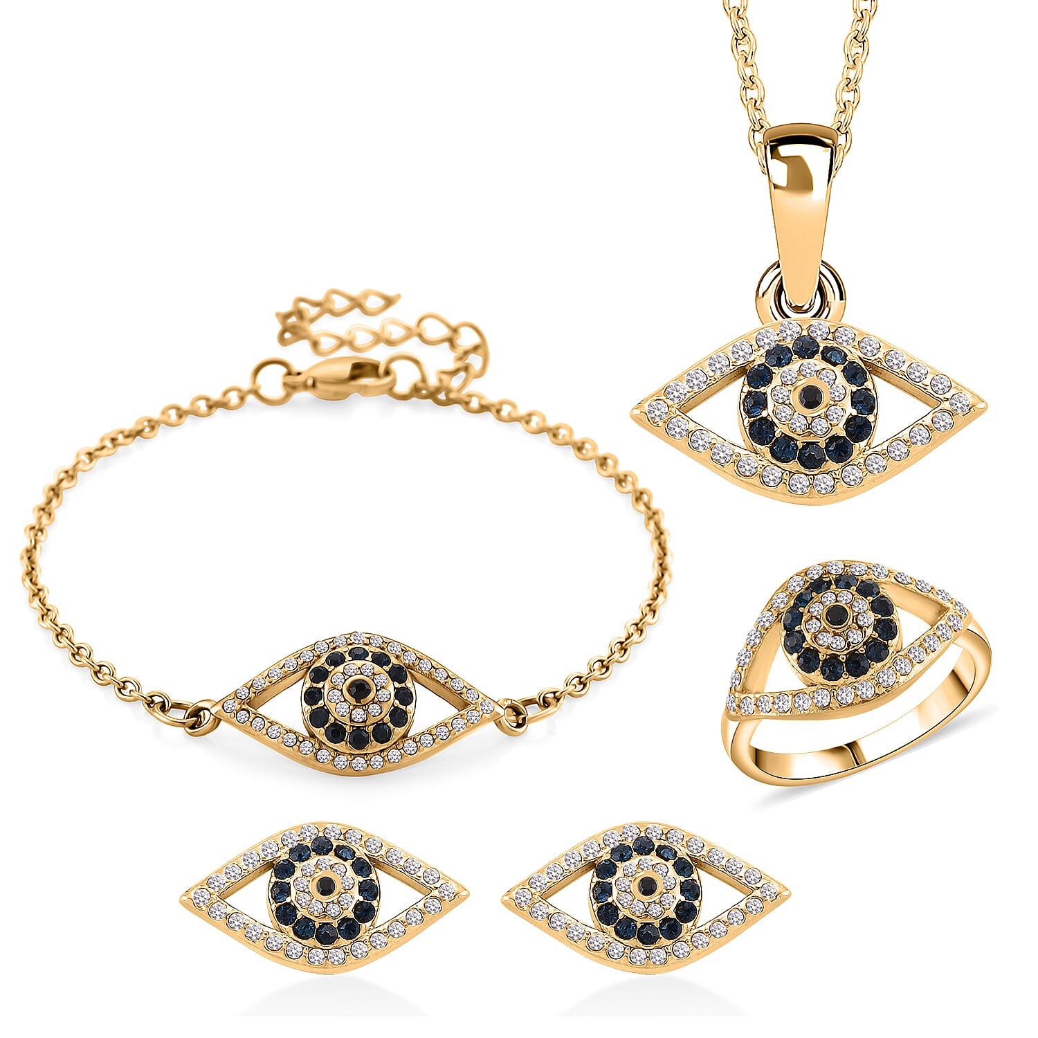 Multi Color Austrian Crystal Evil Eye Earrings, Ring (Size 7.0), Bracelet (7.5-9.5In) and Pendant Necklace (20-22Inches) in ION Plated YG Stainless Steel