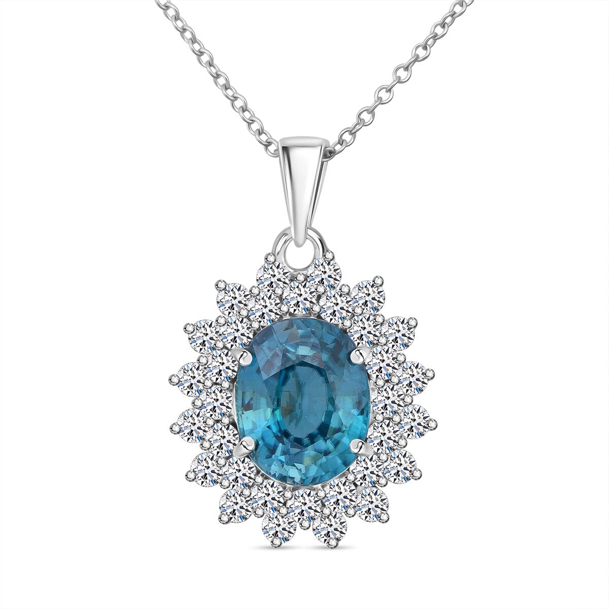 AAA  Cambodian Perito Moreno Blue Zircon and G-H SI Luxuriant Lab Grown Diamond 5.50 ctw Sea Radiance Pendant Necklace in 10K White Gold 18 Inches image number 0