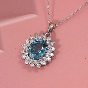 AAA  Cambodian Perito Moreno Blue Zircon and G-H SI Luxuriant Lab Grown Diamond 5.50 ctw Sea Radiance Pendant Necklace in 10K White Gold 18 Inches
