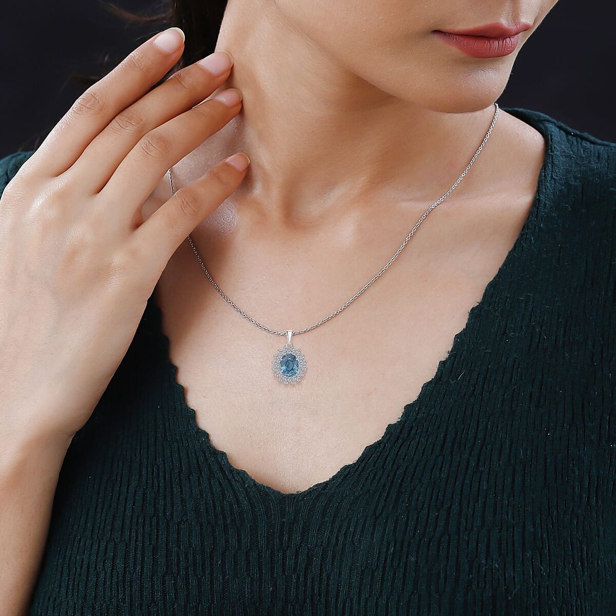 AAA  Cambodian Perito Moreno Blue Zircon and G-H SI Luxuriant Lab Grown Diamond 5.50 ctw Sea Radiance Pendant Necklace in 10K White Gold 18 Inches image number 2