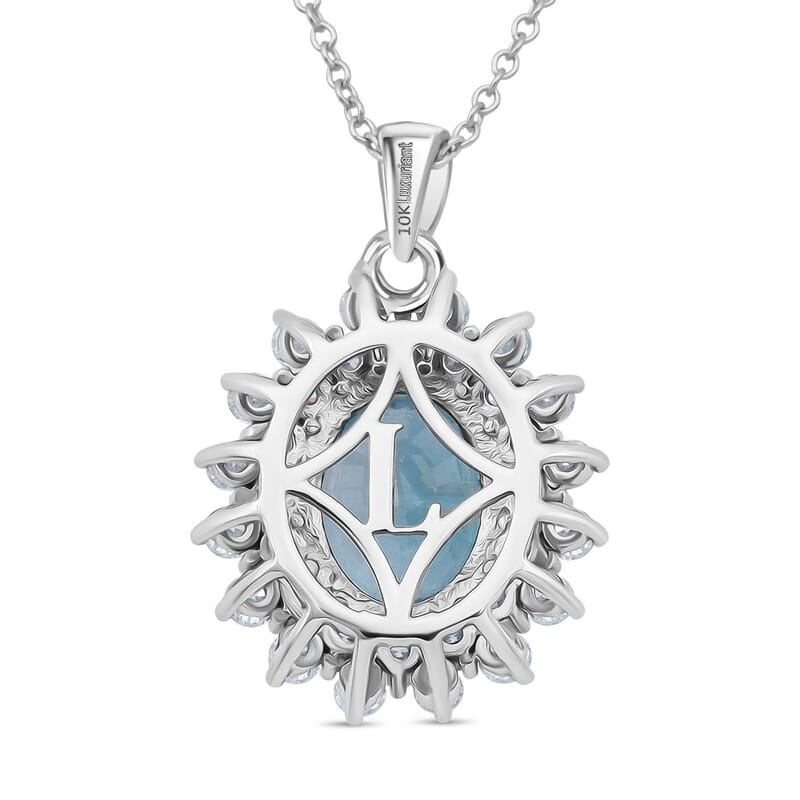 AAA  Cambodian Perito Moreno Blue Zircon and G-H SI Luxuriant Lab Grown Diamond 5.50 ctw Sea Radiance Pendant Necklace in 10K White Gold 18 Inches