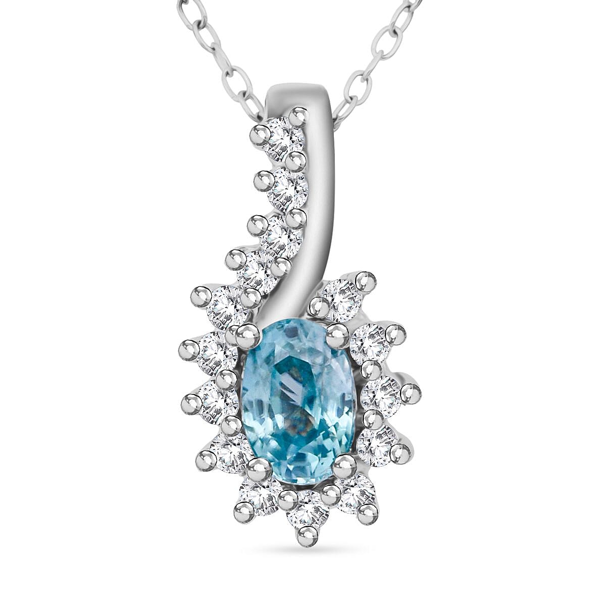 D'Joy Premium Cambodian Blue Zircon and White Zircon 1.15 ctw Ocean Flame Pendant Necklace in Rhodium Over Sterling Silver 20 Inches image number 0