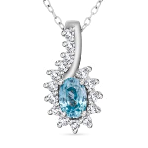 D'Joy Premium Cambodian Blue Zircon and White Zircon 1.15 ctw Ocean Flame Pendant Necklace in Rhodium Over Sterling Silver 20 Inches