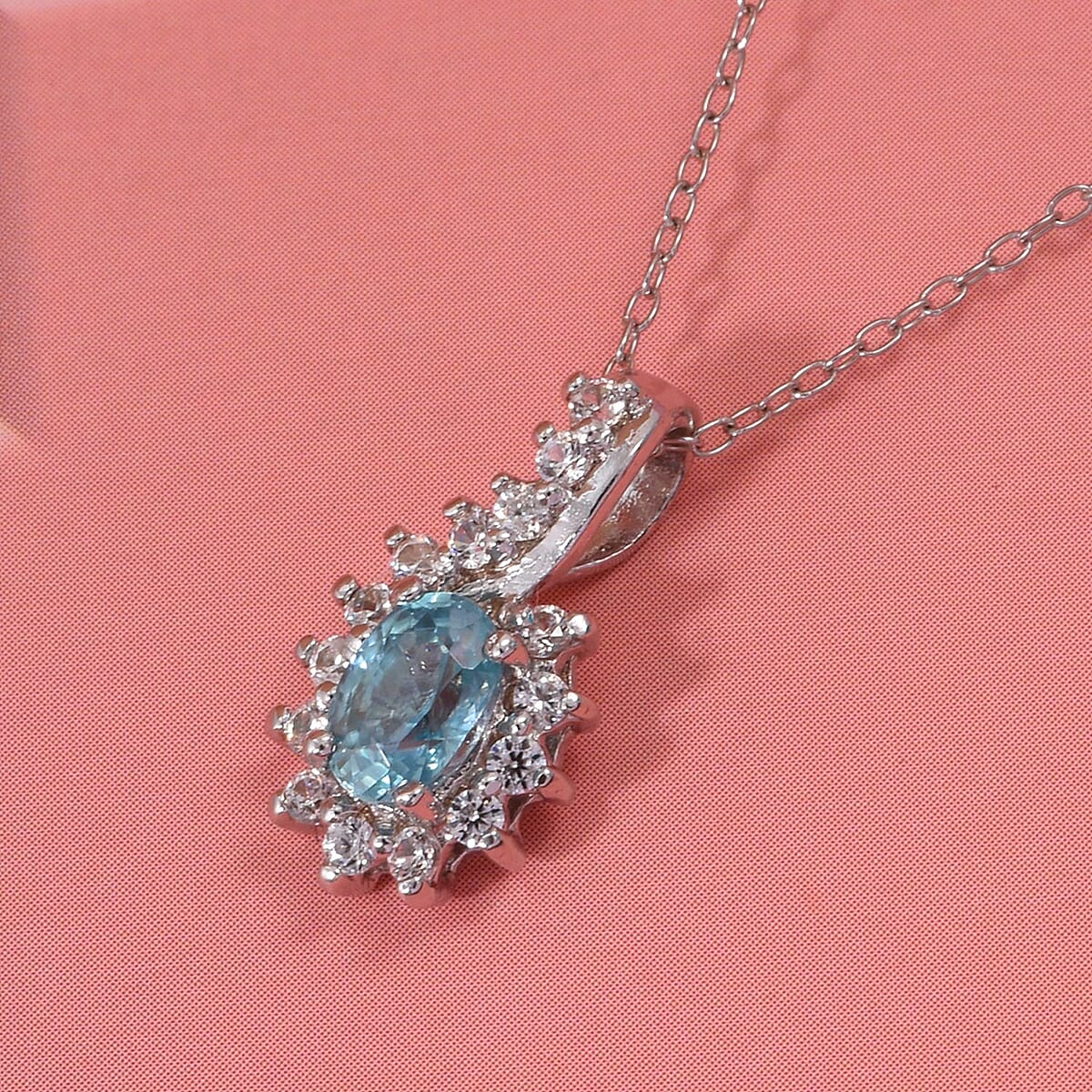 D'Joy Premium Cambodian Blue Zircon and White Zircon 1.15 ctw Ocean Flame Pendant Necklace in Rhodium Over Sterling Silver 20 Inches image number 1