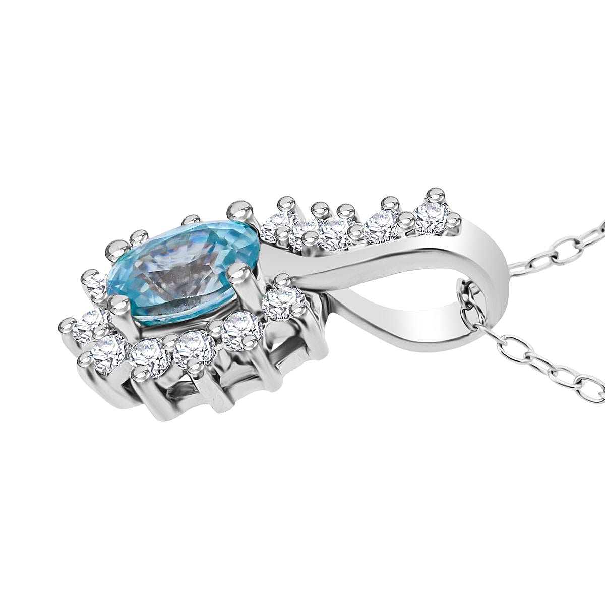 D'Joy Premium Cambodian Blue Zircon and White Zircon 1.15 ctw Ocean Flame Pendant Necklace in Rhodium Over Sterling Silver 20 Inches image number 3