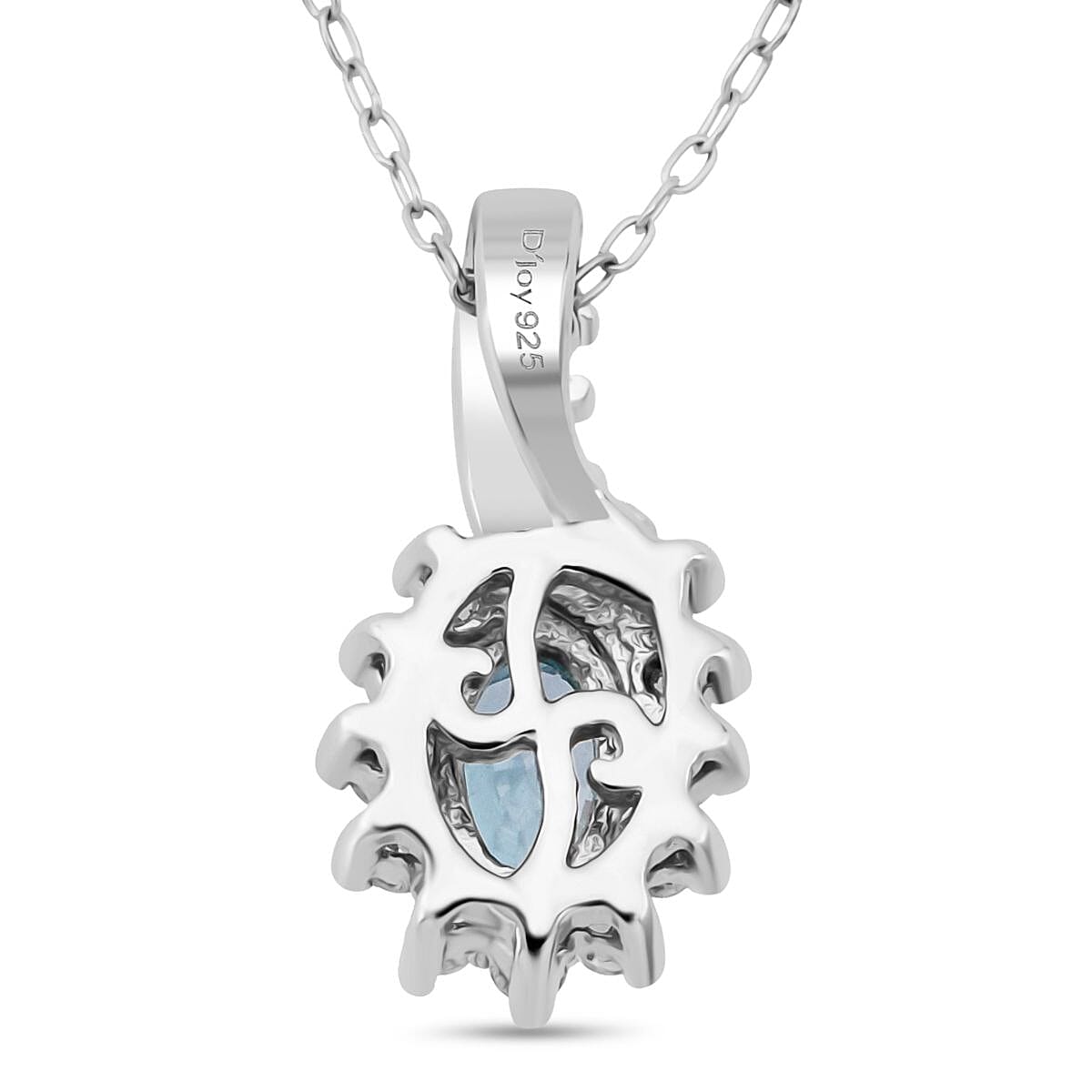 D'Joy Premium Cambodian Blue Zircon and White Zircon 1.15 ctw Ocean Flame Pendant Necklace in Rhodium Over Sterling Silver 20 Inches