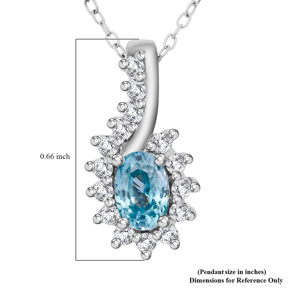 D'Joy Premium Cambodian Blue Zircon and White Zircon 1.15 ctw Ocean Flame Pendant Necklace in Rhodium Over Sterling Silver 20 Inches